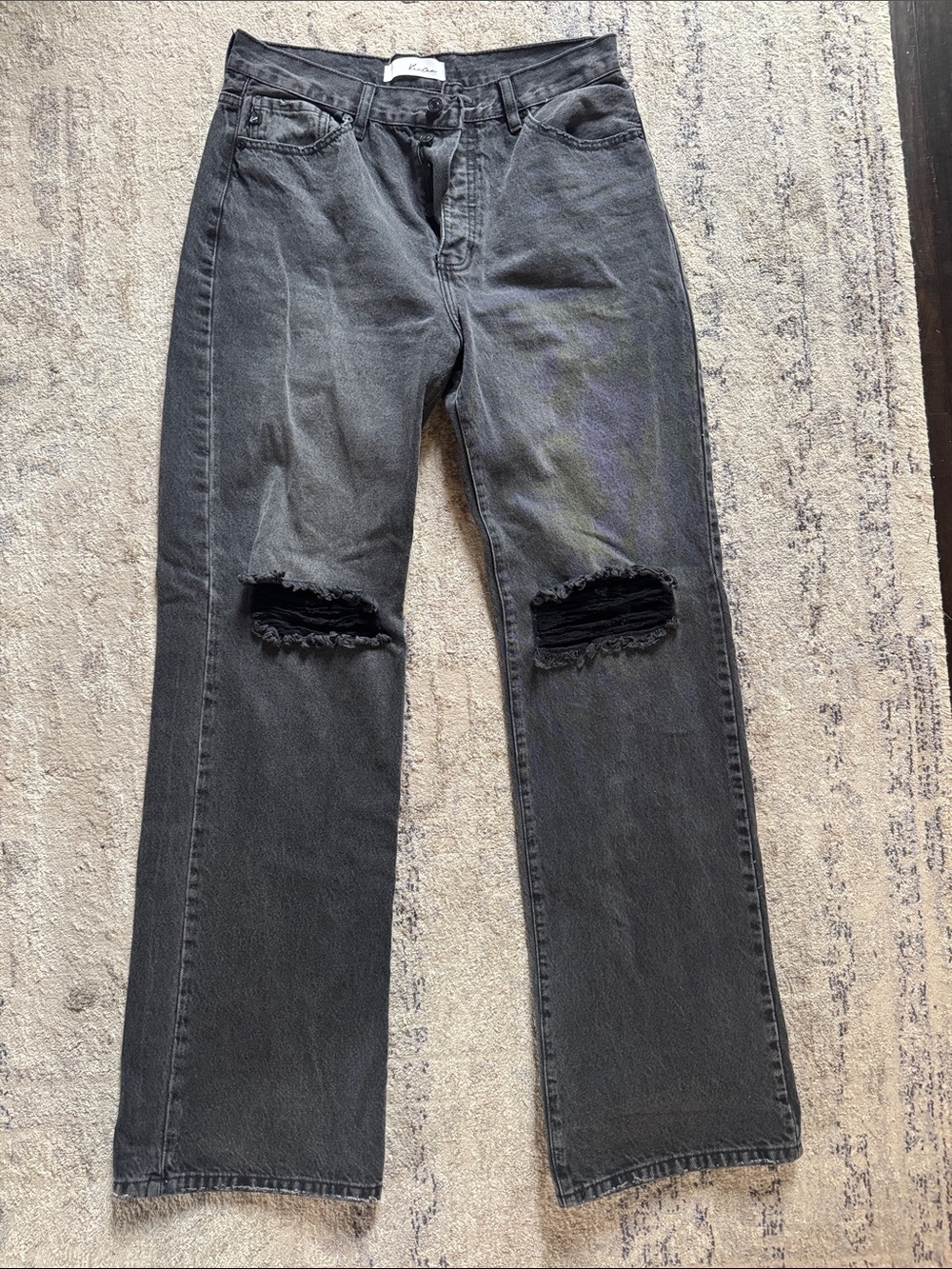 Women’s KanCan Black Distressed Knee Wide Leg Jeans with Button Front Closure